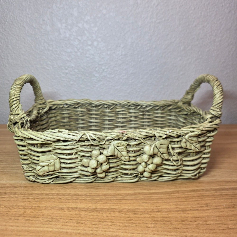 Vintage Sage Green Rectangle Handled Wicker Basket With 3D Grape Designs